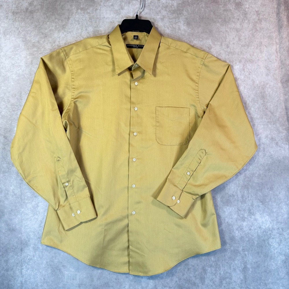 Geoffrey Beene Dress Shirt Men XL Mustard Gold Solid Fitted Wrinkle Free Sateen